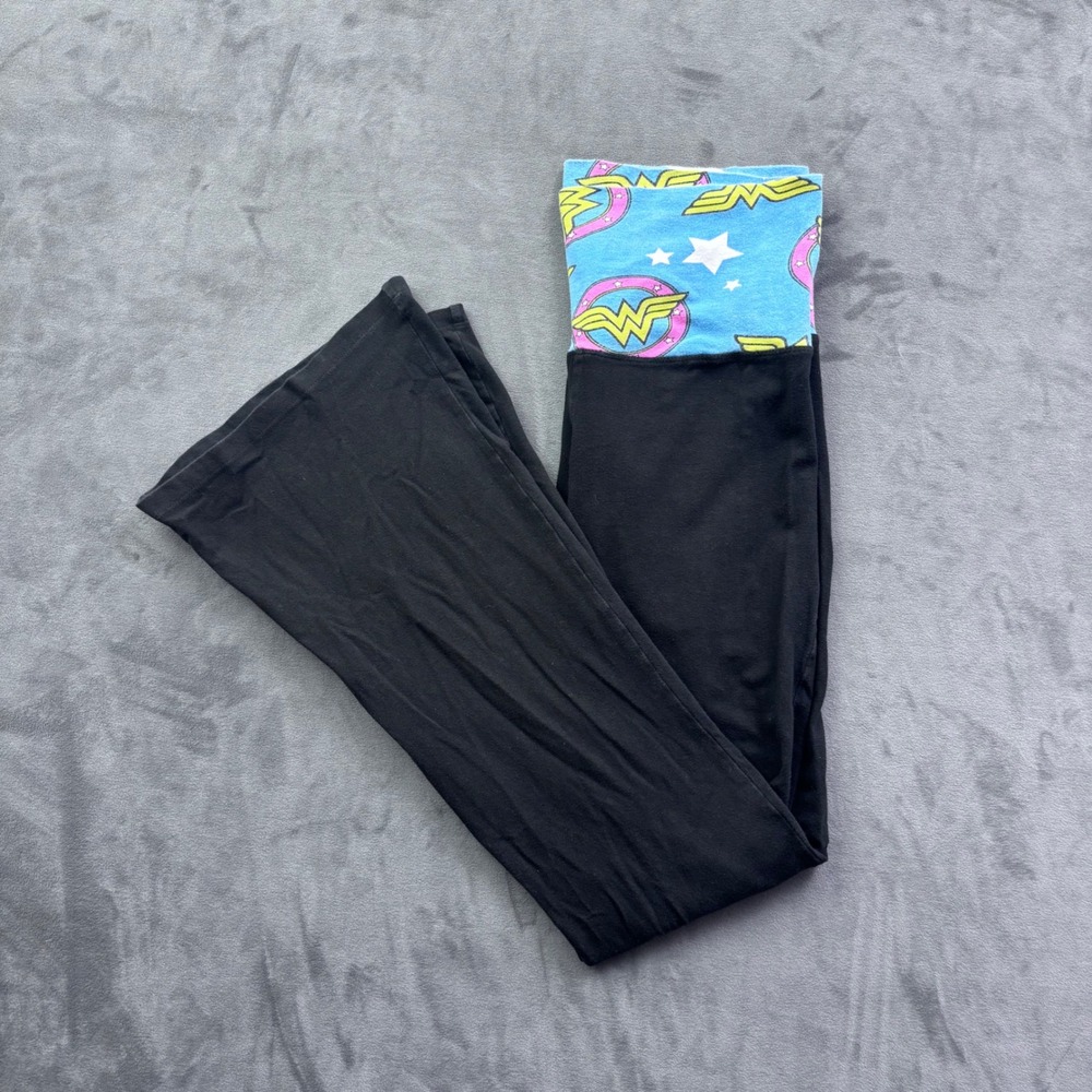 DC Comics Wonder Woman Flare Yoga Pants Black Blue Fold Over Waistband Medium